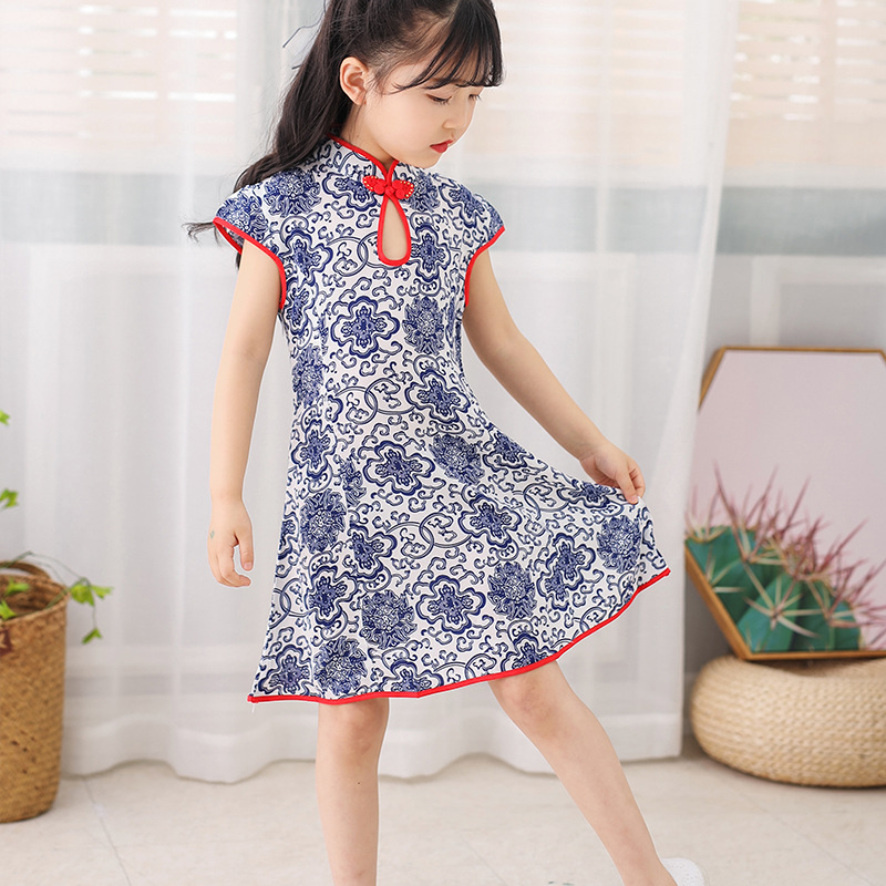 新款女童年服 儿童汉服中国风童装连衣裙短袖修身公主服装节日表