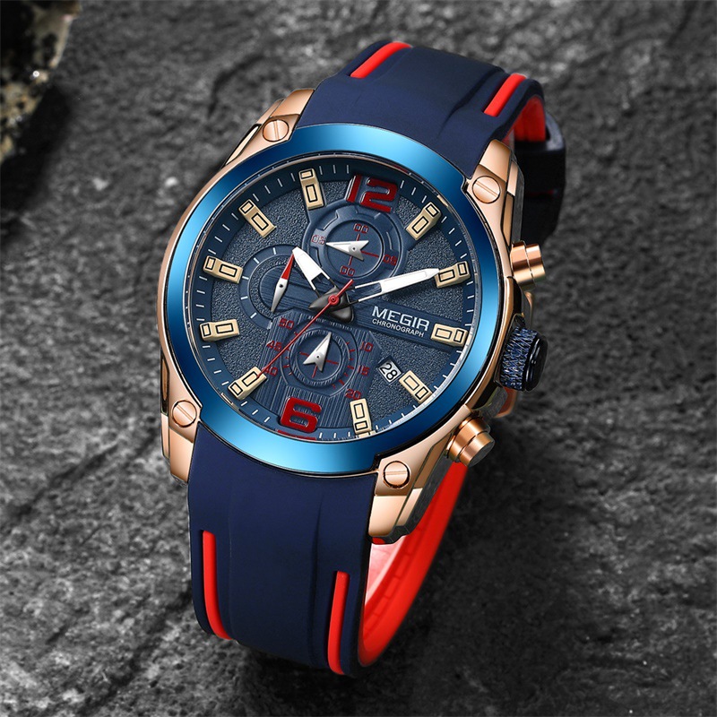 MEGIR蓝色运动手表3D立体刻度男士户外防水多功能夜光美格尔腕表