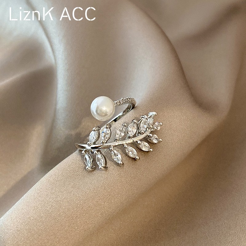 水晶树叶珍珠戒指女小众设计冷淡风ins潮网红轻奢高级感开口食指
