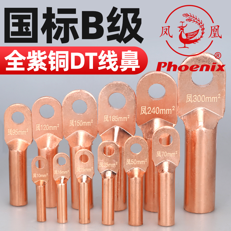 凤凰DT国标A级加厚铜鼻子铜接线端子纯铜接头镀锡线耳DT-10厂家