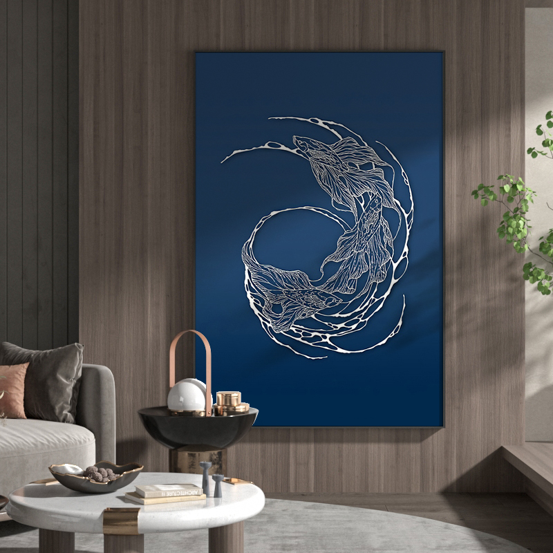 新品新中式蓝色抽象线条锦鲤装饰画现代玄关轻奢客厅大幅落地竖版