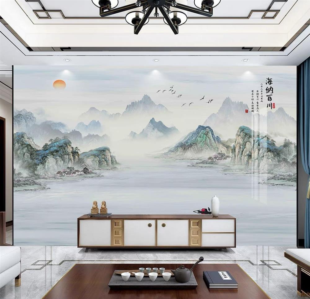 新中式山水画电视背景墙PET高光1.2米碳晶实心大板护墙板全屋定制