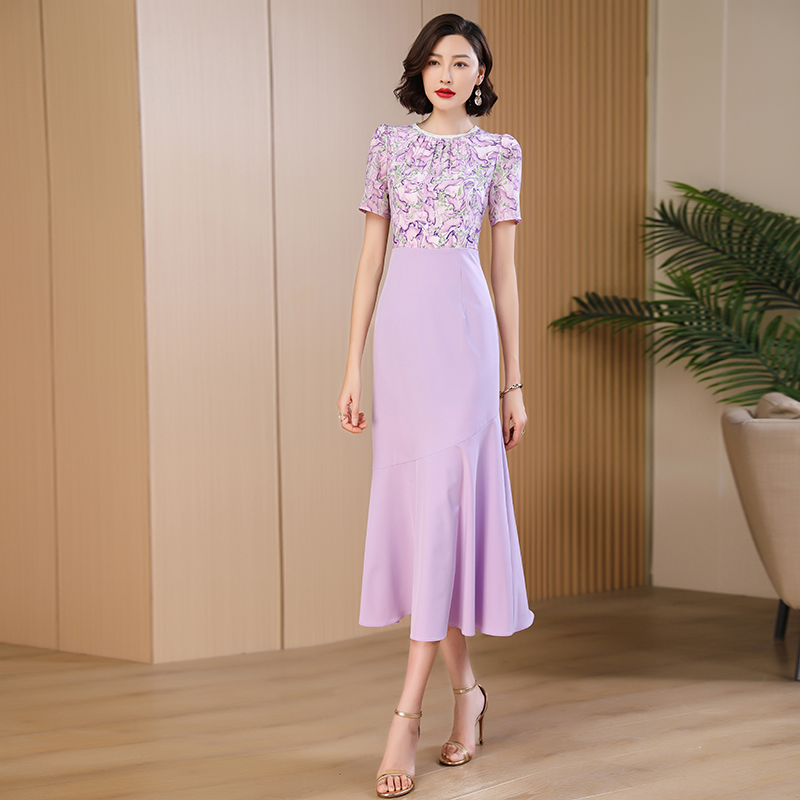 气质连衣裙女神范2023夏新款显瘦高级感长款假两件紫色鱼尾裙1753
