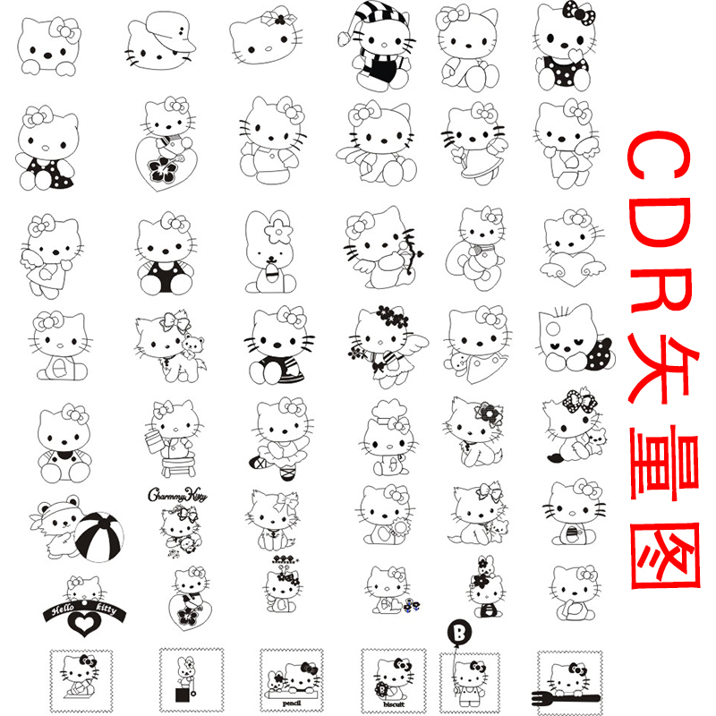 C194线描kitty猫小猫KT猫CDR格式矢量图设计素材