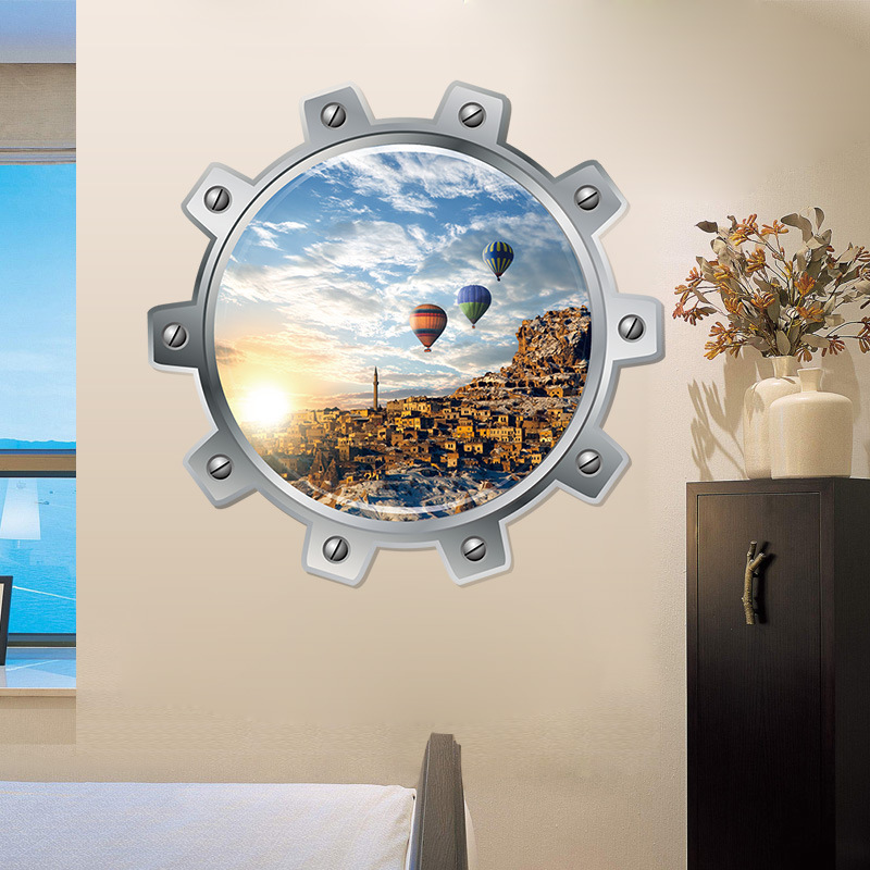 墙贴画上海假窗风景海洋城市热气球贴画客厅卧室装饰贴纸海面船帆