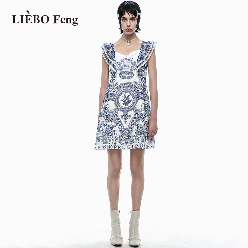 裂帛LIEBOFeng商场同款2024年设计师青花瓷印花无袖吊带连衣裙