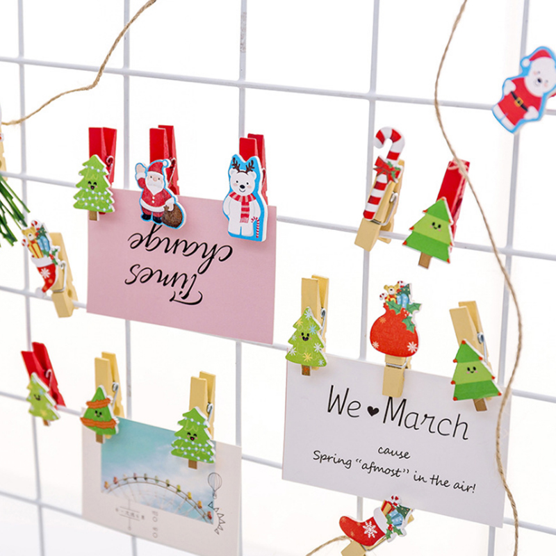 圣诞系列小木夹子照片夹可爱卡通彩色木质创意DIY含麻绳悬挂相片装饰便签夹10个装幼儿园小学生圣诞树装饰夹