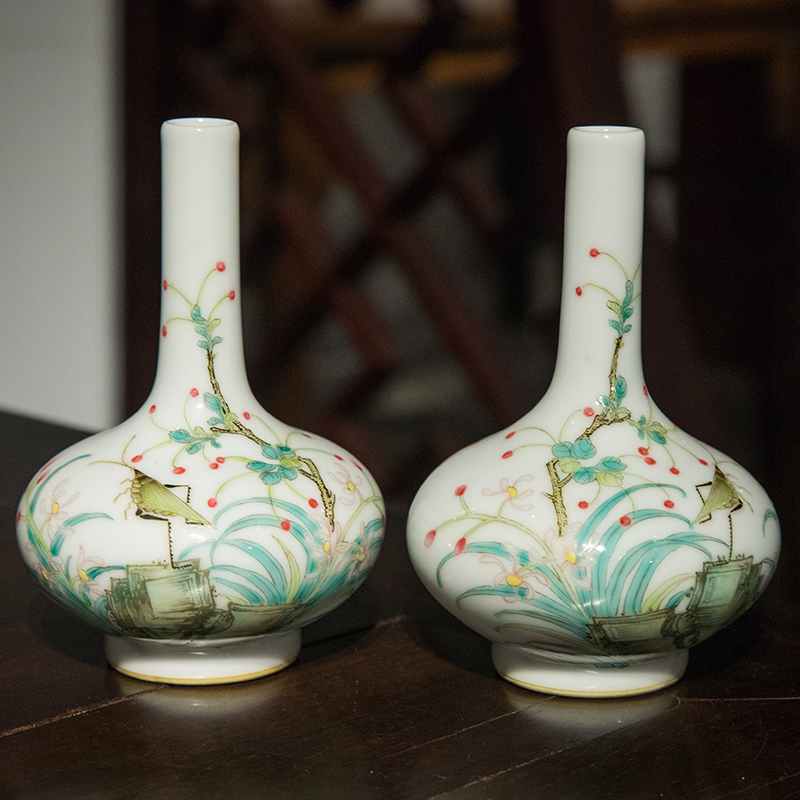清代珐琅彩花卉诗文荸荠瓶（一对）古玩古董瓷器收藏客厅花瓶摆件