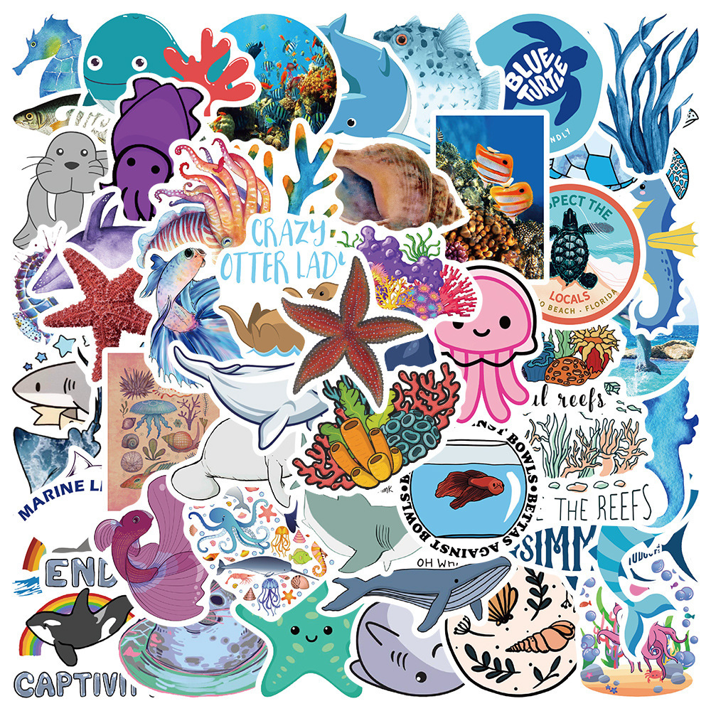 100张卡通海洋生物海星水母贴纸涂鸦行李箱笔记本电脑手账DIY贴画