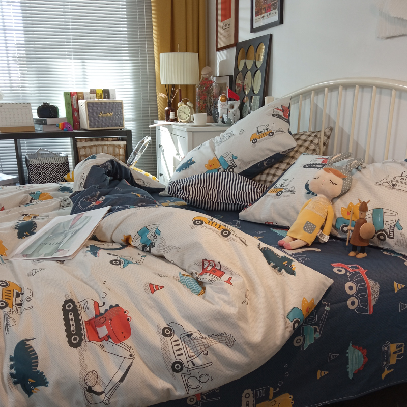 卡通风工程车全棉四件套纯棉床单被套儿童可爱宿舍三件套床上用品