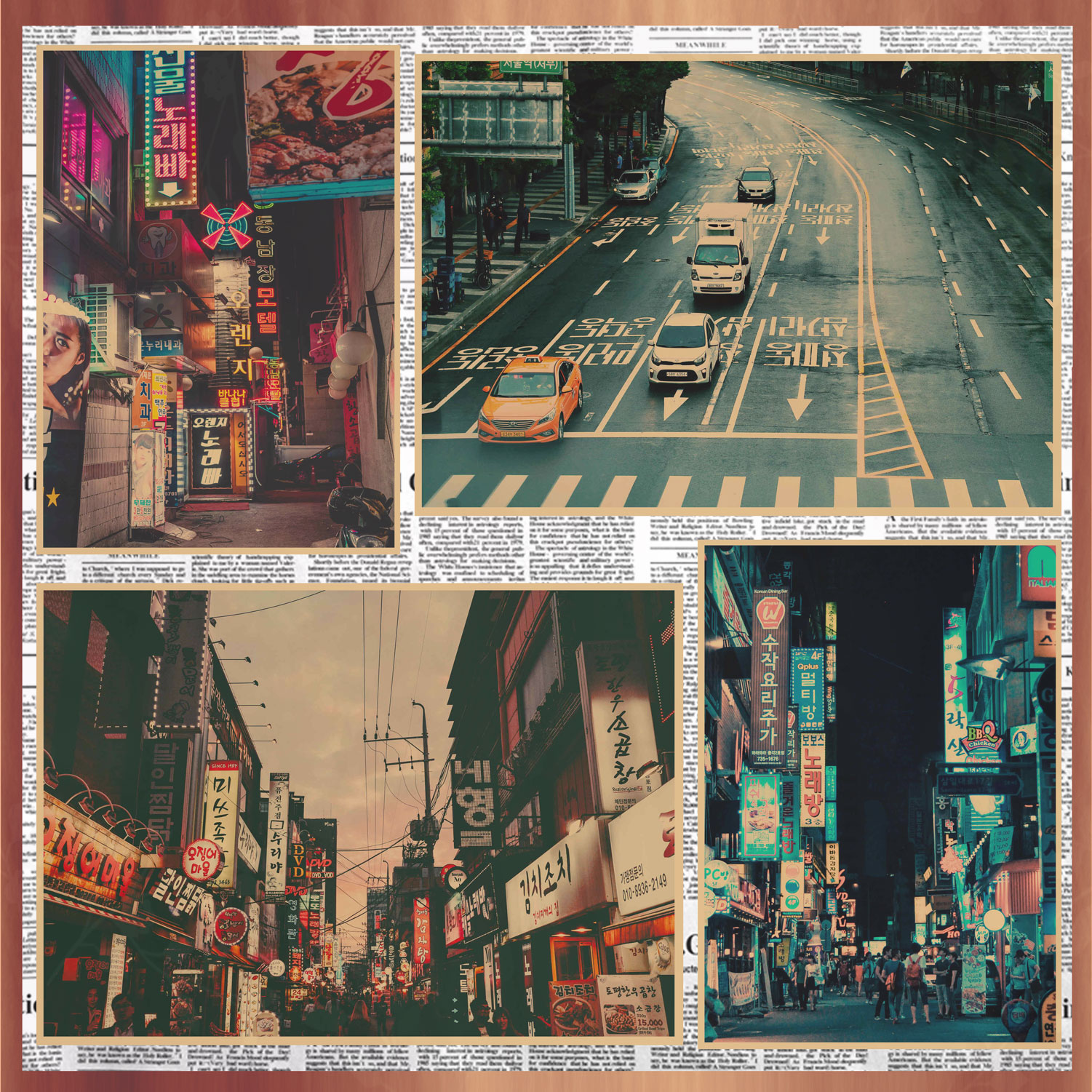 韩国街景复古海报 韩式料理烤肉店牛皮纸装饰墙画壁画455