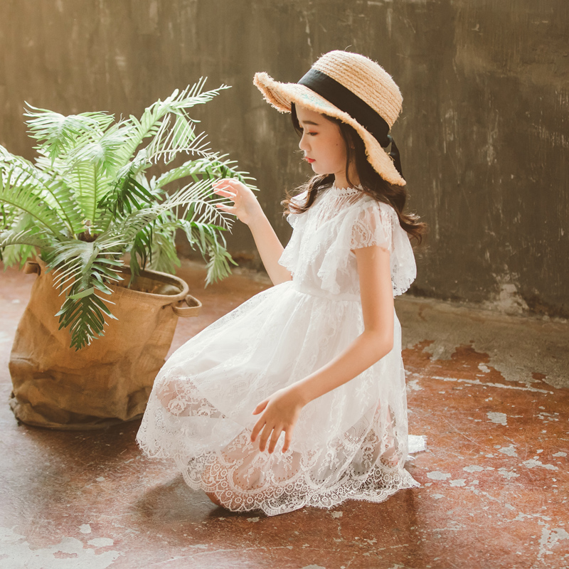 女童连衣裙2021夏季新款韩版中大童蕾丝公主裙小飞袖时髦洋气裙子