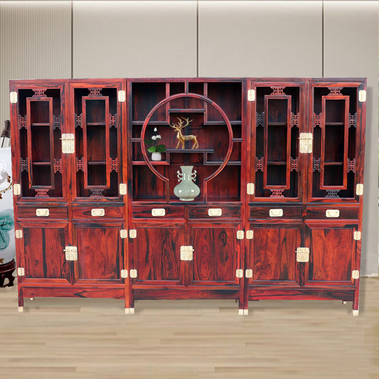红木老挝大红酸枝木书柜带博古架交趾黄檀三组合书架中式家具明清