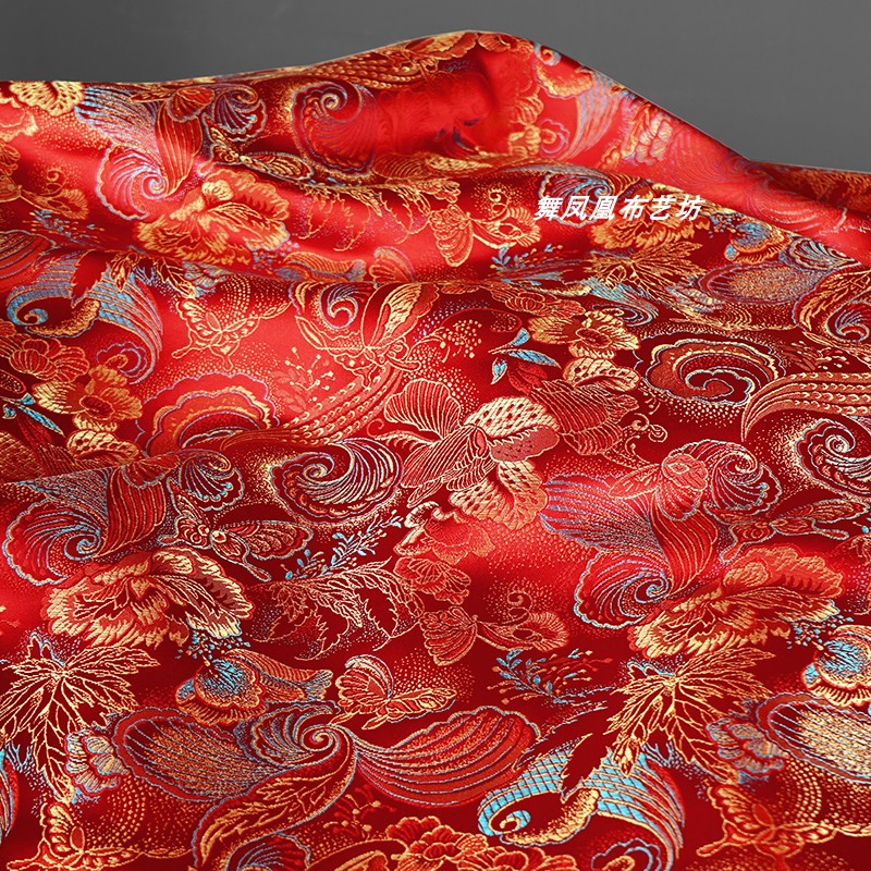 中国红色 蝴蝶牡丹花织锦缎提花布料 新中式旗袍外套马甲装饰面料