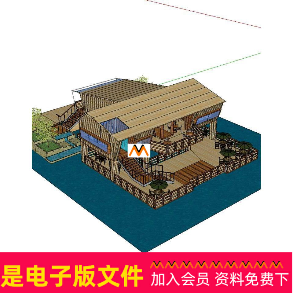 Z331美式水上餐厅新中式风格木结构景观休闲吧咖啡厅饮品店SU模型