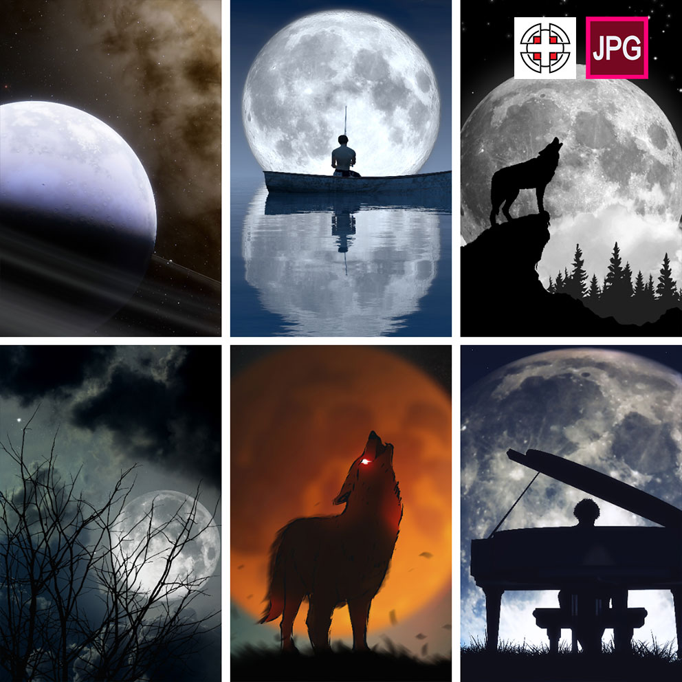 竖屏夜晚月亮月球月下狼钢琴的剪影天空高清背景图片设计素