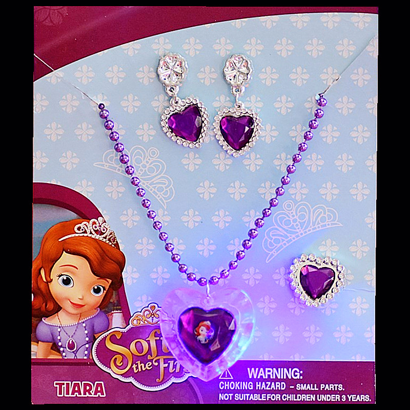 小公主苏菲亚紫色发光项链套装附身符女童戒指耳环女孩礼品头饰品