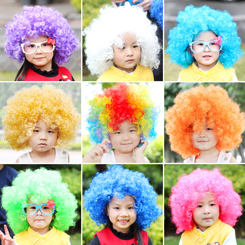 幼儿园六一儿童蓬松假发舞会表演球迷卷发彩色爆炸头搞怪男女道具