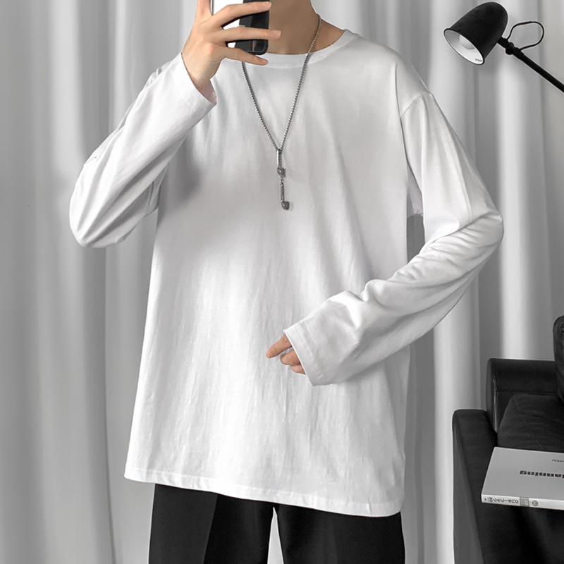长袖T恤男士春秋季基础款高级感纯白色内搭圆领打底衫宽松上衣服