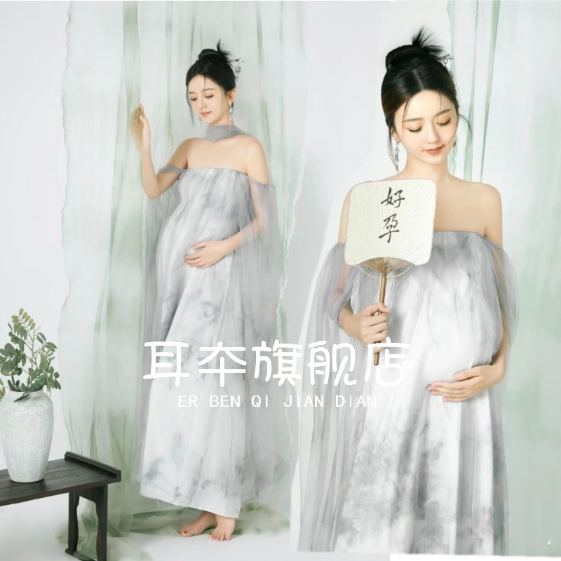 新款孕妇拍照服装新中式复古抹胸裙礼服水墨画中国风格写真艺术照