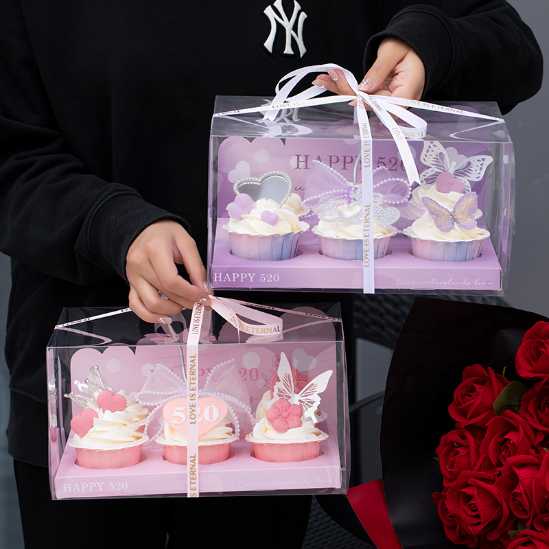 520情人节纸杯蛋糕包装盒情侣礼盒透明6粒马芬杯子手提打包盒子