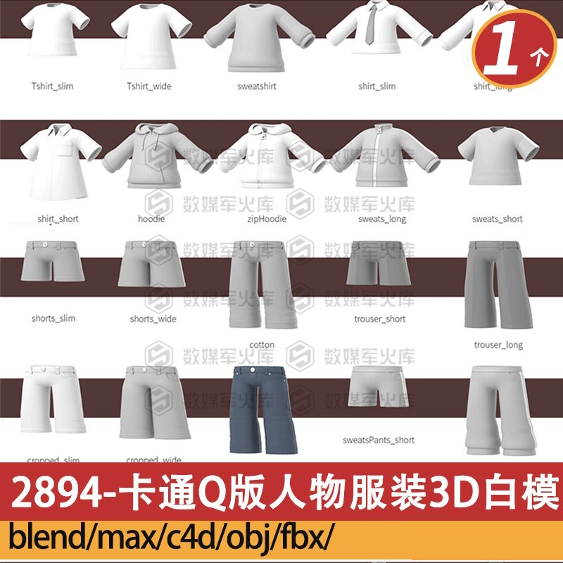C4D卡通MAYAQ版人物衣服装裤子上衣体型3Dmax模型Blender素材下载