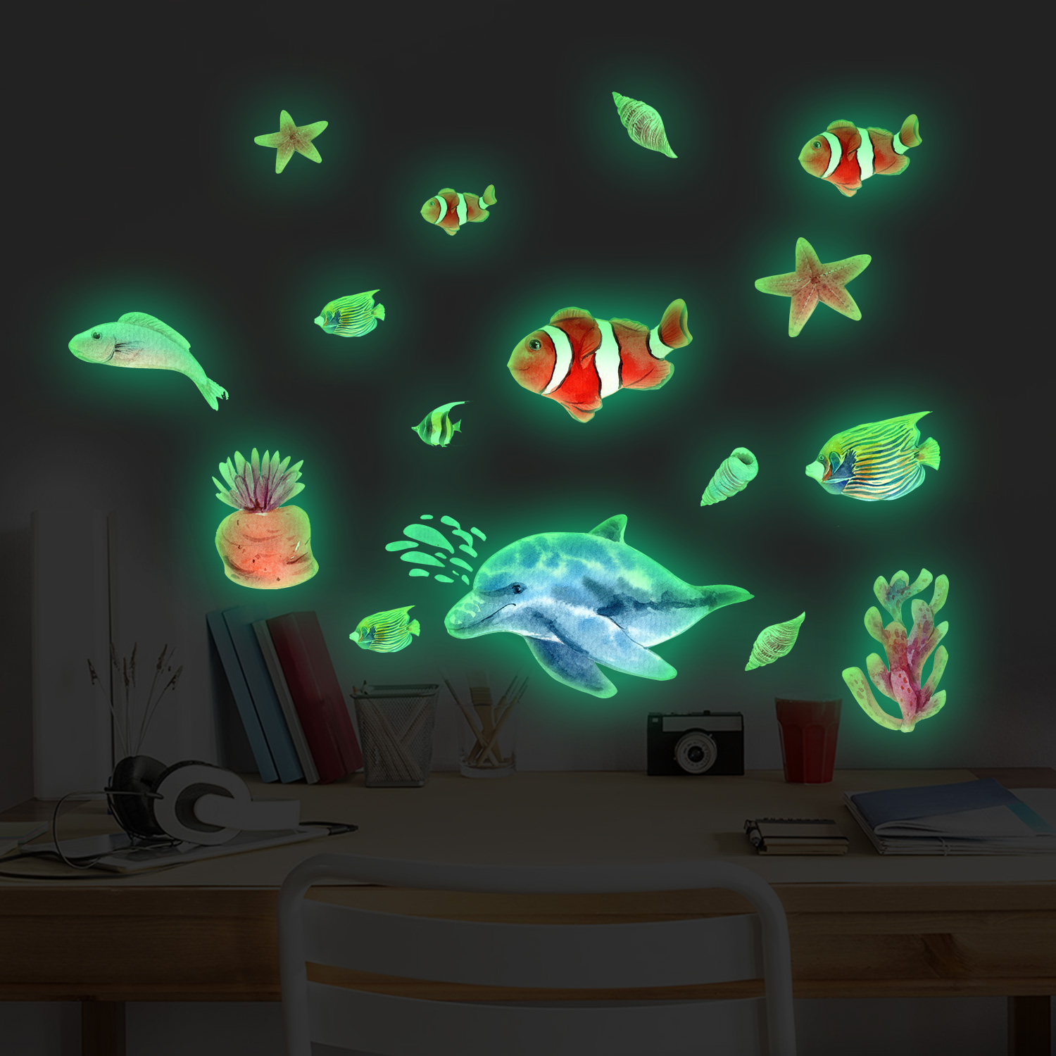 夜光贴纸水彩绿光海洋海豚小鱼章鱼儿童房夜光贴海洋生物夜光墙贴