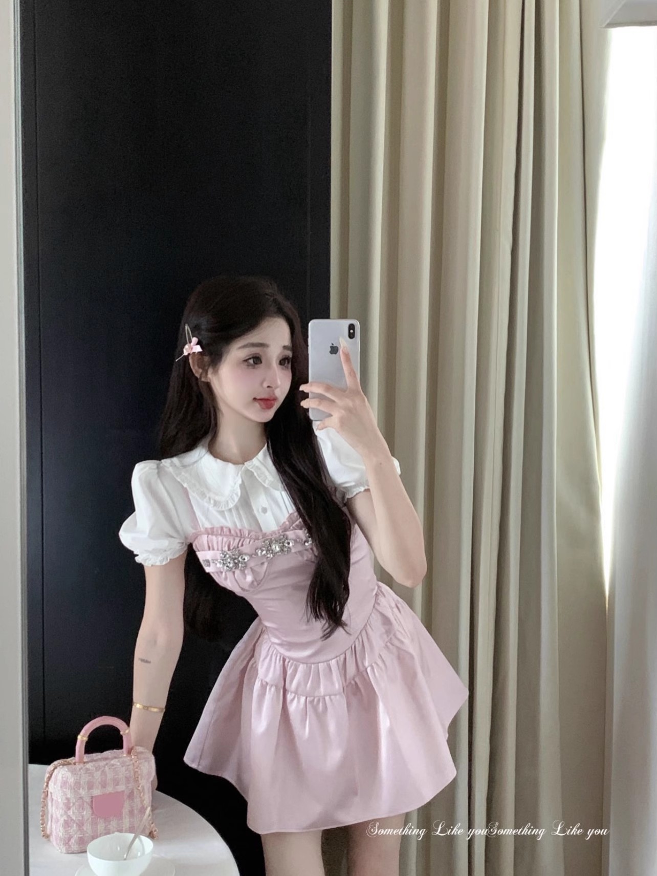韩系甜美可爱少女感娃娃领短上衣收腰粉色吊带连衣裙两件套女显瘦