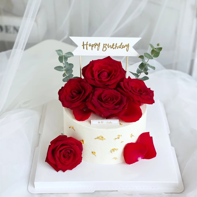 玫瑰花鲜花妈妈母亲生日主题蛋糕套装尤加利叶子金箔锡纸插牌装饰
