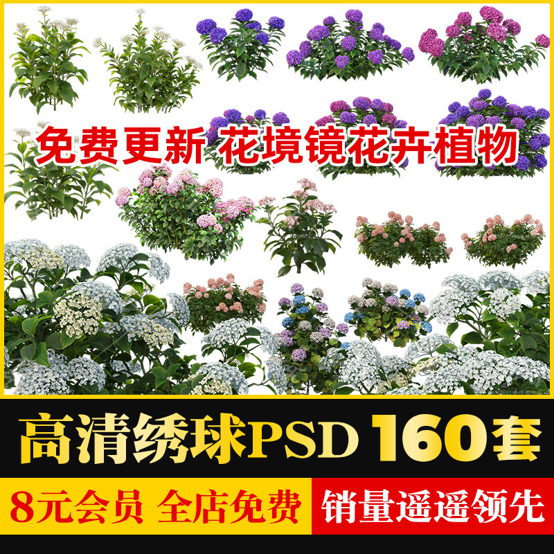 PS高清重瓣玫红蓝色绣球花境镜花卉植物配置景观效果图PSD素材