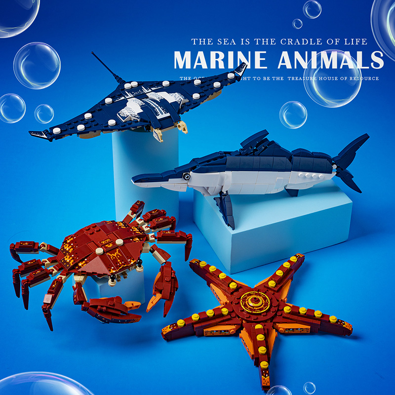 儿童海洋馆动物鲨鱼螃蟹拼装积木益智组装玩具鲸鱼男孩8-12岁礼物
