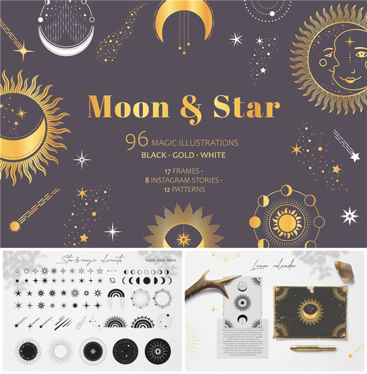 A0687矢量AI设计素材 月亮星星金色流星logo月相插画装饰背景+png