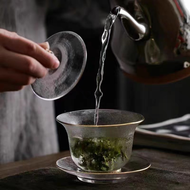 描金锤纹玻璃三才盖碗茶杯单个家用功夫茶具耐热公道杯敬茶碗