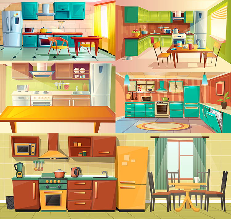卡通厨房场景 欧式家庭家居装修风格家具背景 AI格式矢量设计素材