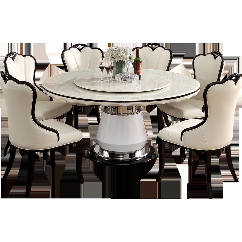 推荐家用大理石圆形餐桌椅组合黑白色简约现代轻奢带转盘饭桌别墅