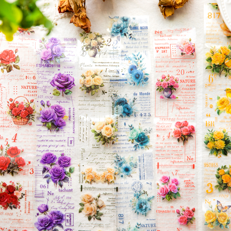 玫瑰的抒情诗PET白墨防水胶带浪漫植物花卉素材拼贴手帐装饰贴画