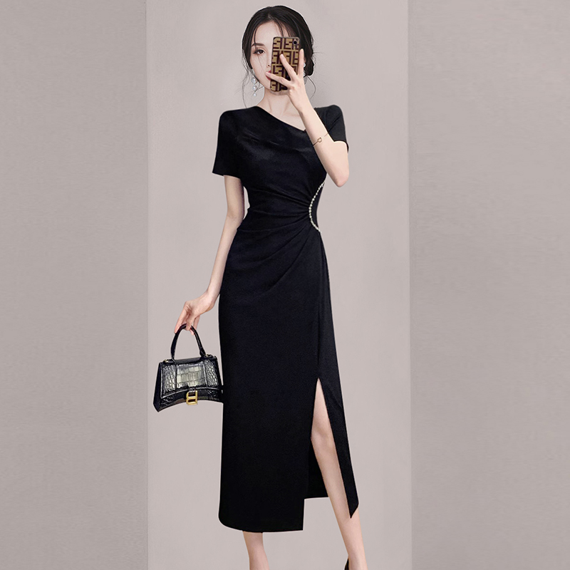 御姐风轻奢气质黑色连衣裙2024夏季新款女装高端女神范收腰中长裙