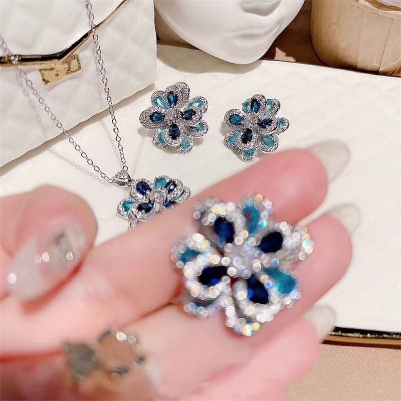 欧美设计感超美油画海蓝宝石 多切面925银针撞色花朵耳钉项链戒指