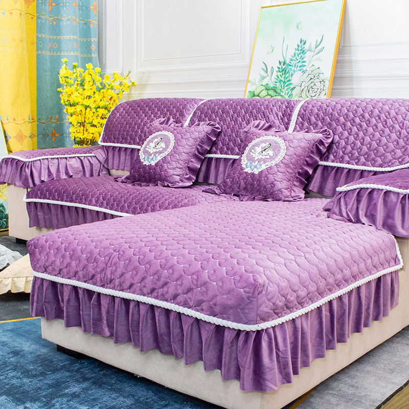 紫色沙发垫冬季防滑荷兰绒2023新款加厚毛绒组合套装欧式坐垫套巾