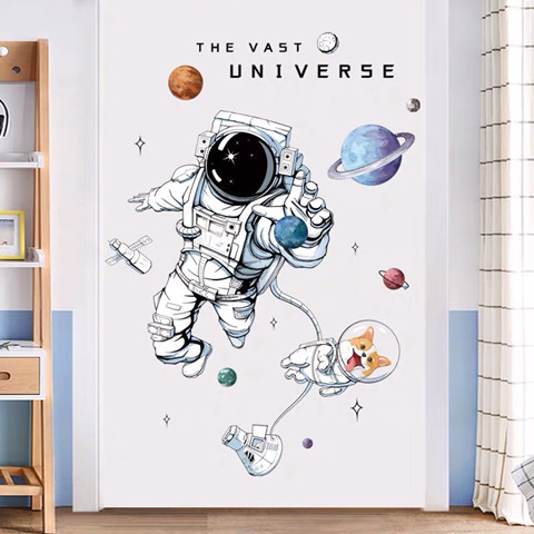 卡通宇航员男孩房门创意贴纸太空科技感装饰遮瑕防水自粘墙贴画报