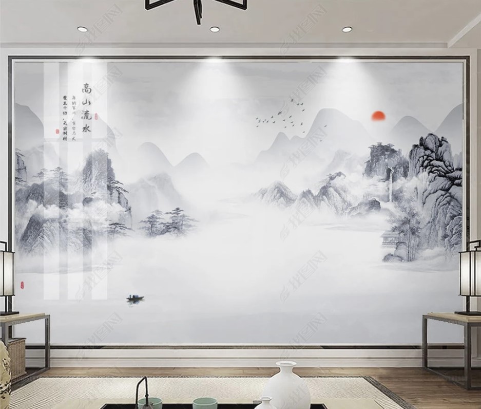 新中式3D无缝立体真丝布极简意境山水墙布客厅卧室电视沙发背景墙