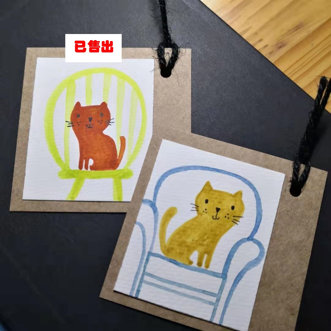【三猫手绘】水彩画作品《沙发上的猫咪》书签