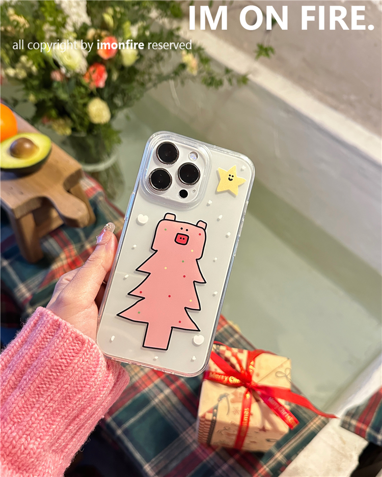韩国ins卡通可爱小众新款圣诞猪猪星星雪人支架iPhone15plus14pro13promax12xs11透明可挂绳手机壳全包
