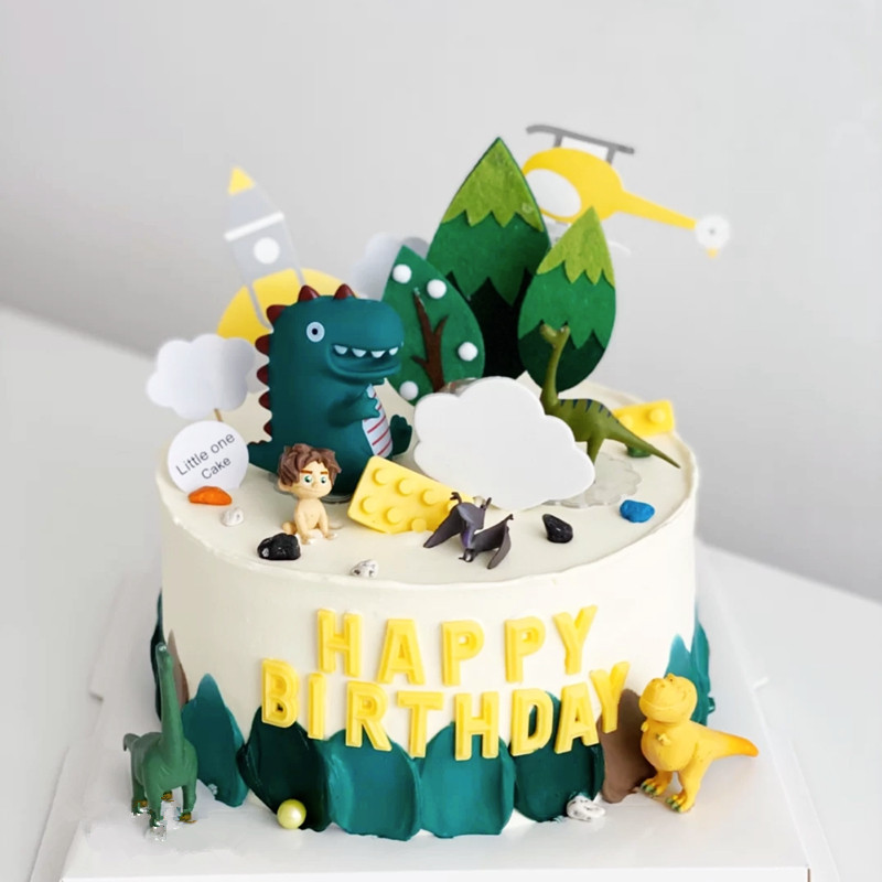 儿童蛋糕装饰恐龙摆件森林恐龙动物主题绿树男孩周岁生日蛋糕插件