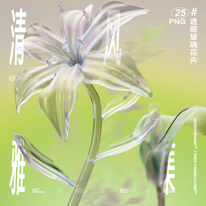 3SD3文艺酸性艺术透明玻璃质感立体3D植物花卉PS设计素材中文字体