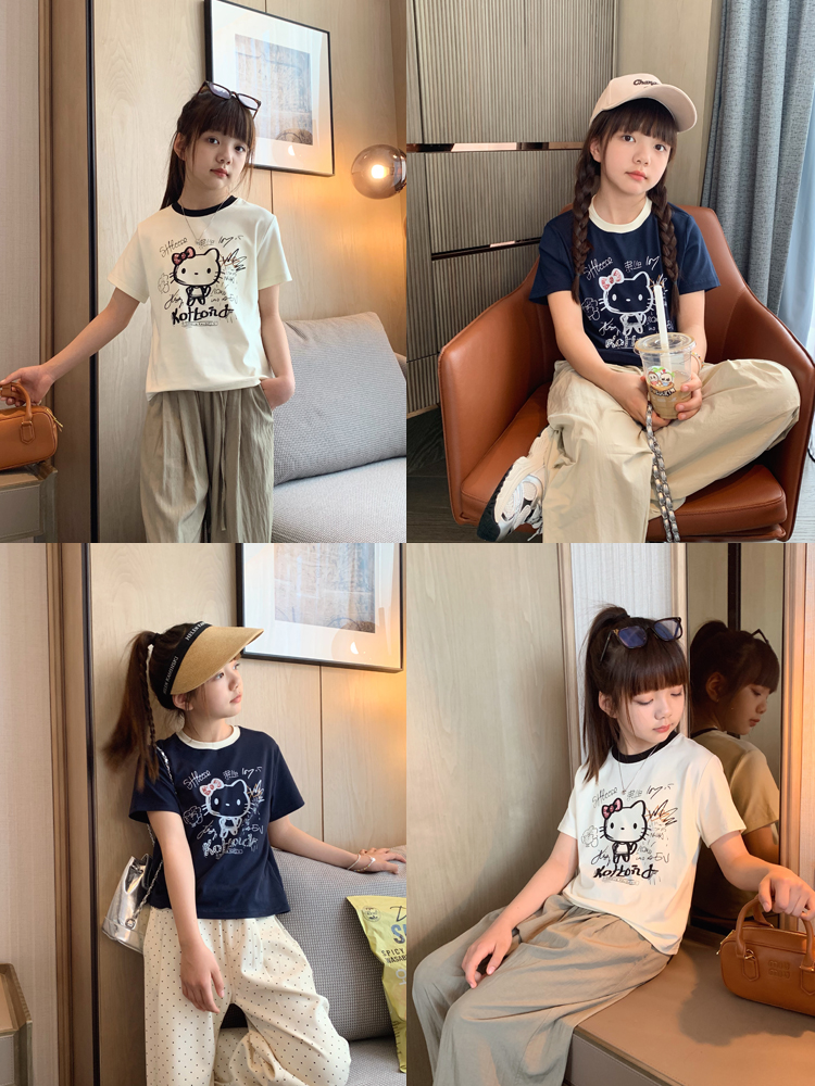 女大童韩版卡通短袖2024夏装新款青少年时尚涂鸦短款薄棉T恤上衣