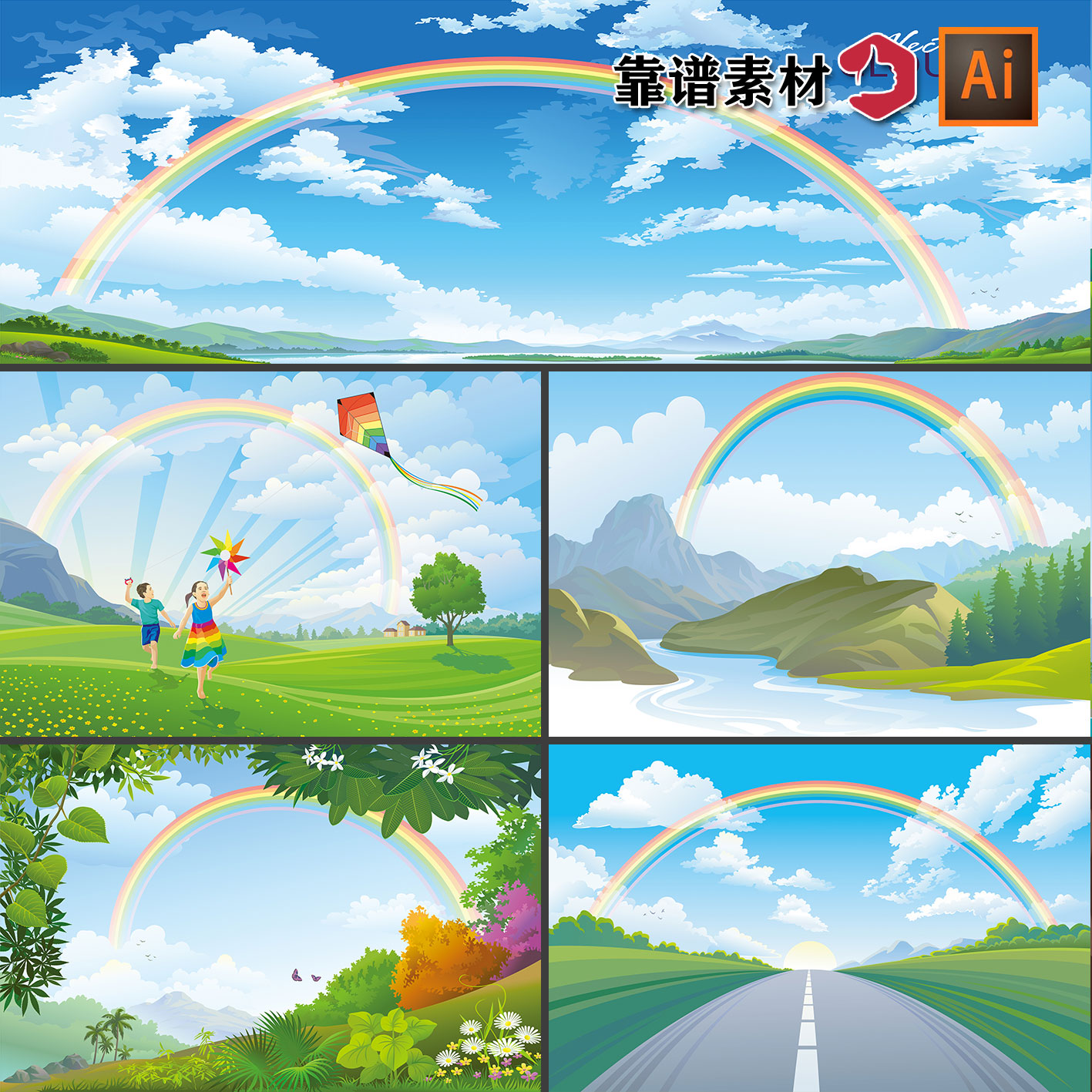 彩虹天空公路草地山林绿化风景卡通插画舞台背景AI矢量设计素材