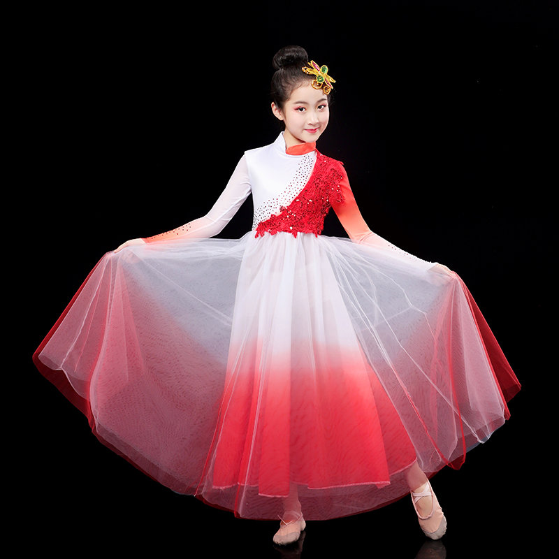 儿童盛开万疆现代歌伴舞开场舞大摆裙灯火里的中国舞蹈服装合唱服