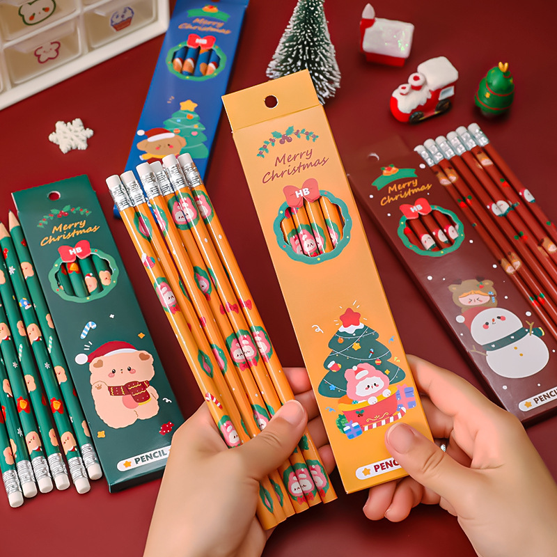 圣诞盒装铅笔 小学生书写绘画素描笔套装圣诞节HB带橡皮铅笔6支装