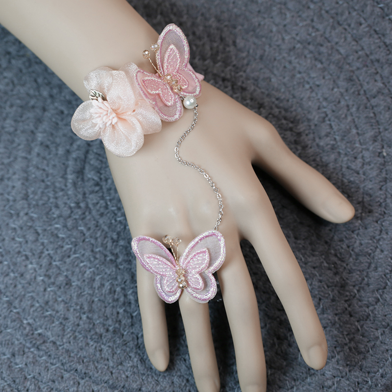 艾米米2021原创新款手工定制萝莉欧根纱蝴蝶连指戒指甜美复古手链